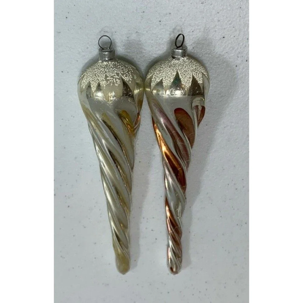 Vtg West Germany Glass Icicle Spiral Twisted Ornament Christmas Silver Red 6